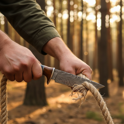 Rugged hands using Damascus steel hunting knife with rosewood handle to cut rope outdoors forest golden light action shot