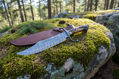 Damascus steel Bowie knife with stag crown handle on mossy forest rocks outdoor adventure photography natural light