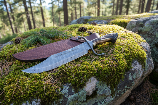 Damascus steel Bowie knife with stag crown handle on mossy forest rocks outdoor adventure photography natural light