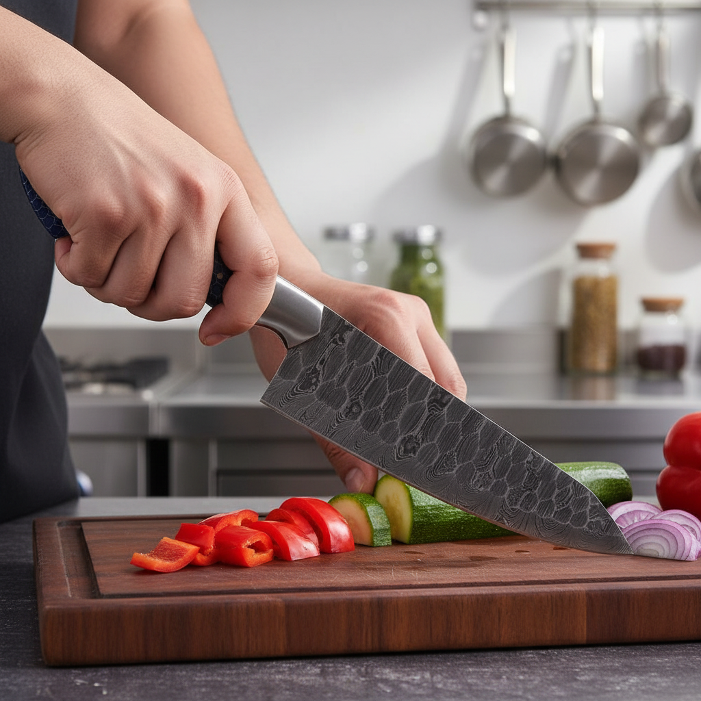 Hands holding Damascus chef knife with blue honeycomb handle in kitchen lifestyle action shot