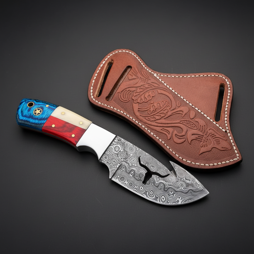 Damascus skinner knife with American flag handle and embossed leather sheath, mirror studio shot left facing