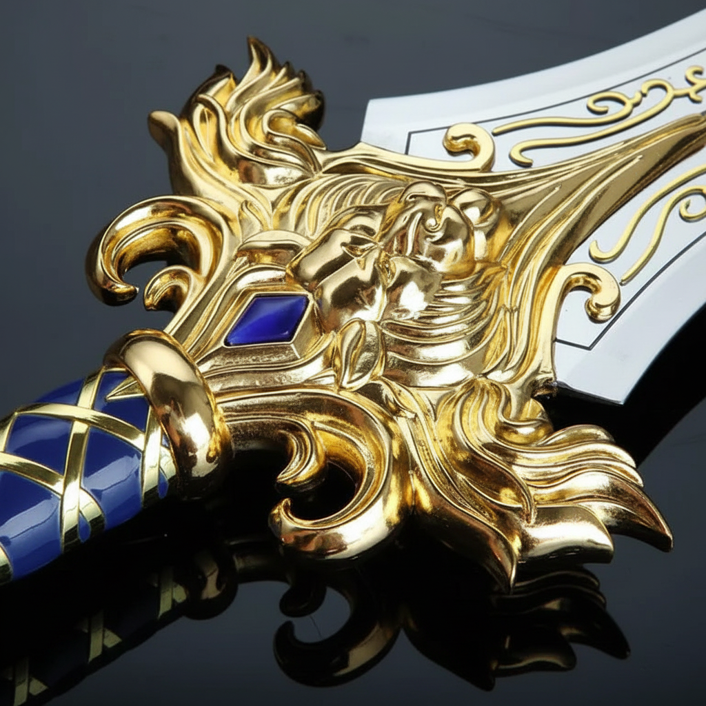 Close-up macro of ornate gold lion guard with blue sapphire gemstone inlay and flowing scrollwork detail