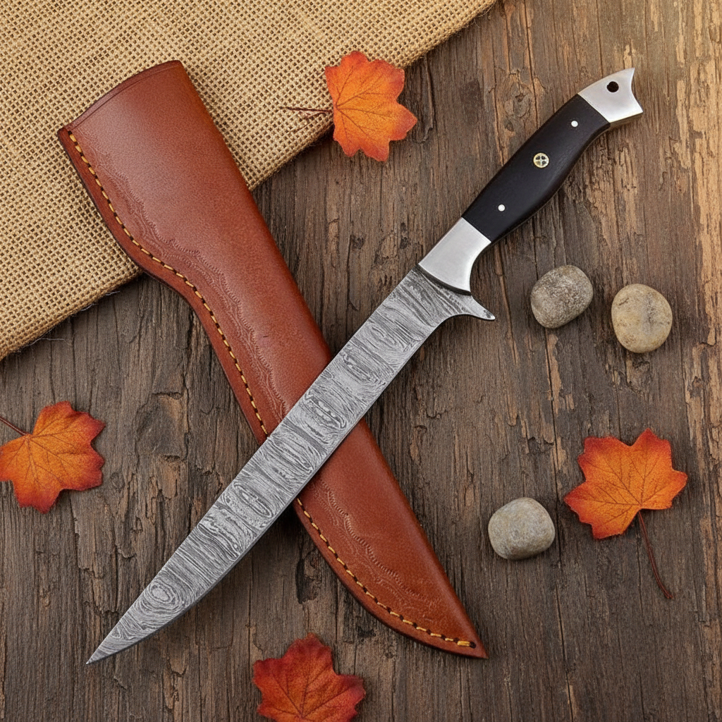 Handmade Damascus fillet knife flat lay on rustic wood with brown leather sheath and gold stitching