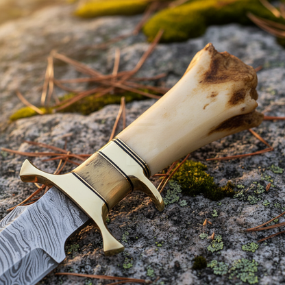 bone-handle-brass-crossguard-macro-damascus-bowie-knife-forest-setting