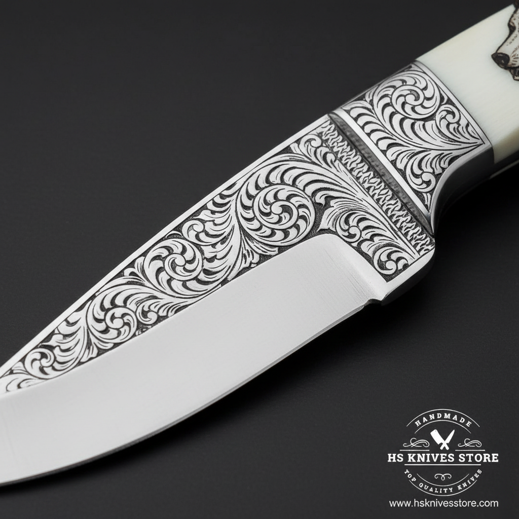 Macro close-up of D2 steel engraved skinner knife blade showing intricate floral arabesque scroll engraving and satin steel finish
