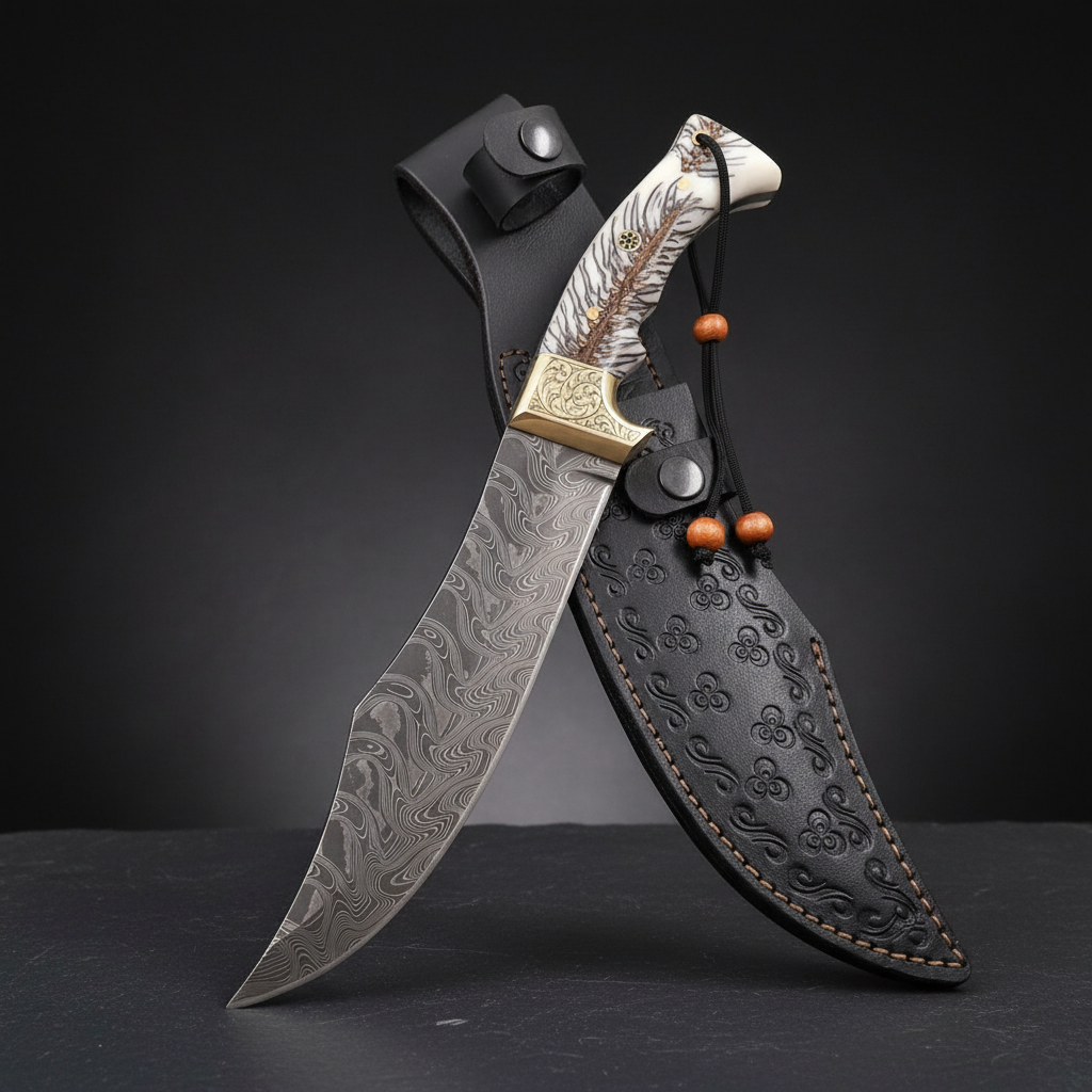 Vertical luxury shot of handmade Damascus Bowie knife on dark slate background with black leather sheath