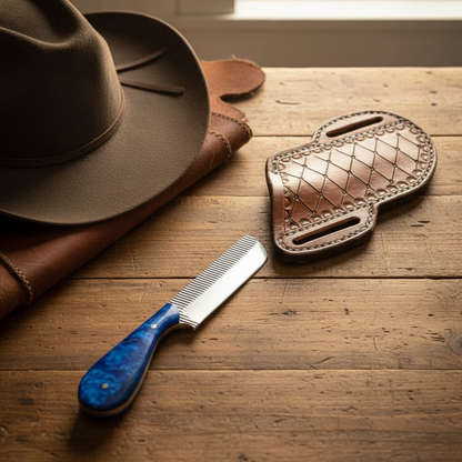 Mastercraft Custom Bull Cutter Knife with blue epoxy resin handle and pancake leather sheath in a western ranch gift setting