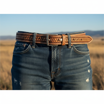 Hand-tooled western leather belt worn through denim jeans belt loops lifestyle shot