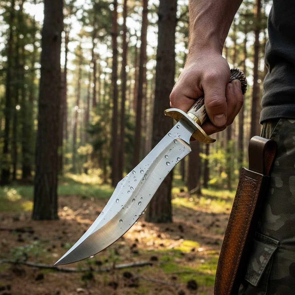 Hunter holding D2 steel Bowie knife with antler handle outdoors field use lifestyle photography