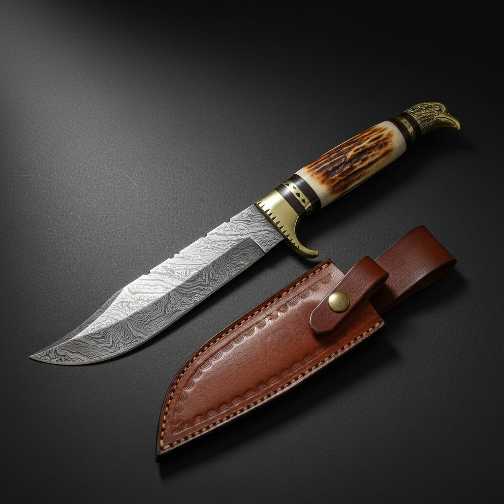 Damascus steel Bowie knife with engraved brass bolster and brown leather sheath, mirror studio shot