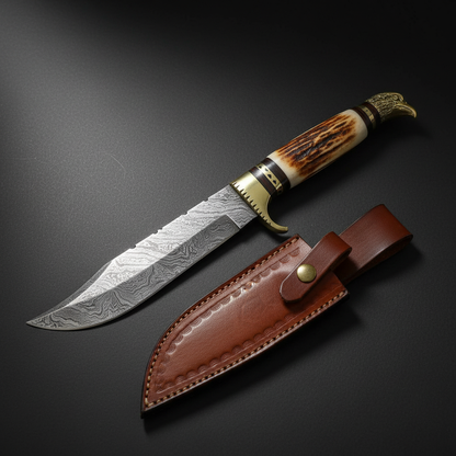 Damascus steel Bowie knife with engraved brass bolster and brown leather sheath, mirror studio shot