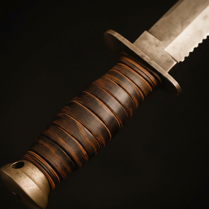 Stacked leather handle close-up 1095 hunting knife leather rings brass pommel crossguard