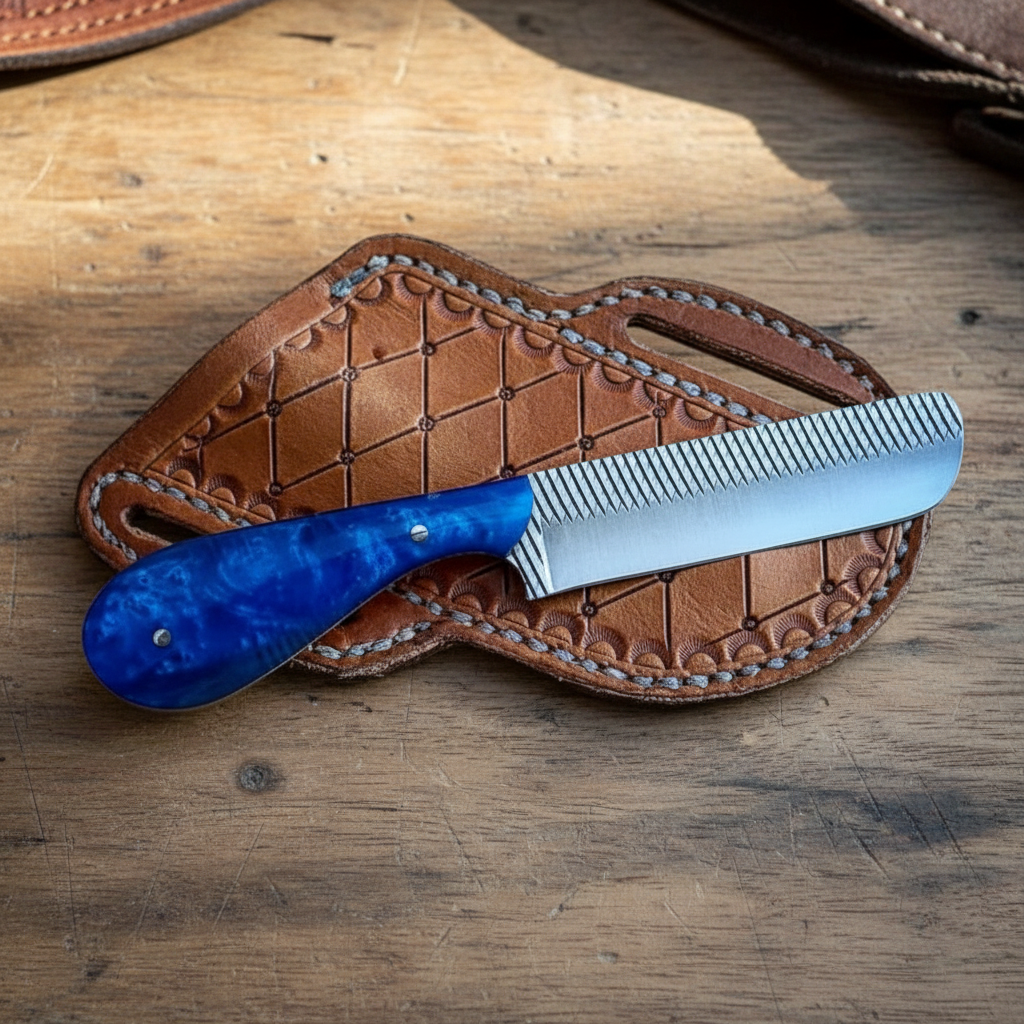 Front view of a Mastercraft Custom Bull Cutter Knife with 4.25-inch Rasp Tool Steel blade and blue epoxy resin handle beside its pancake leather sheath
