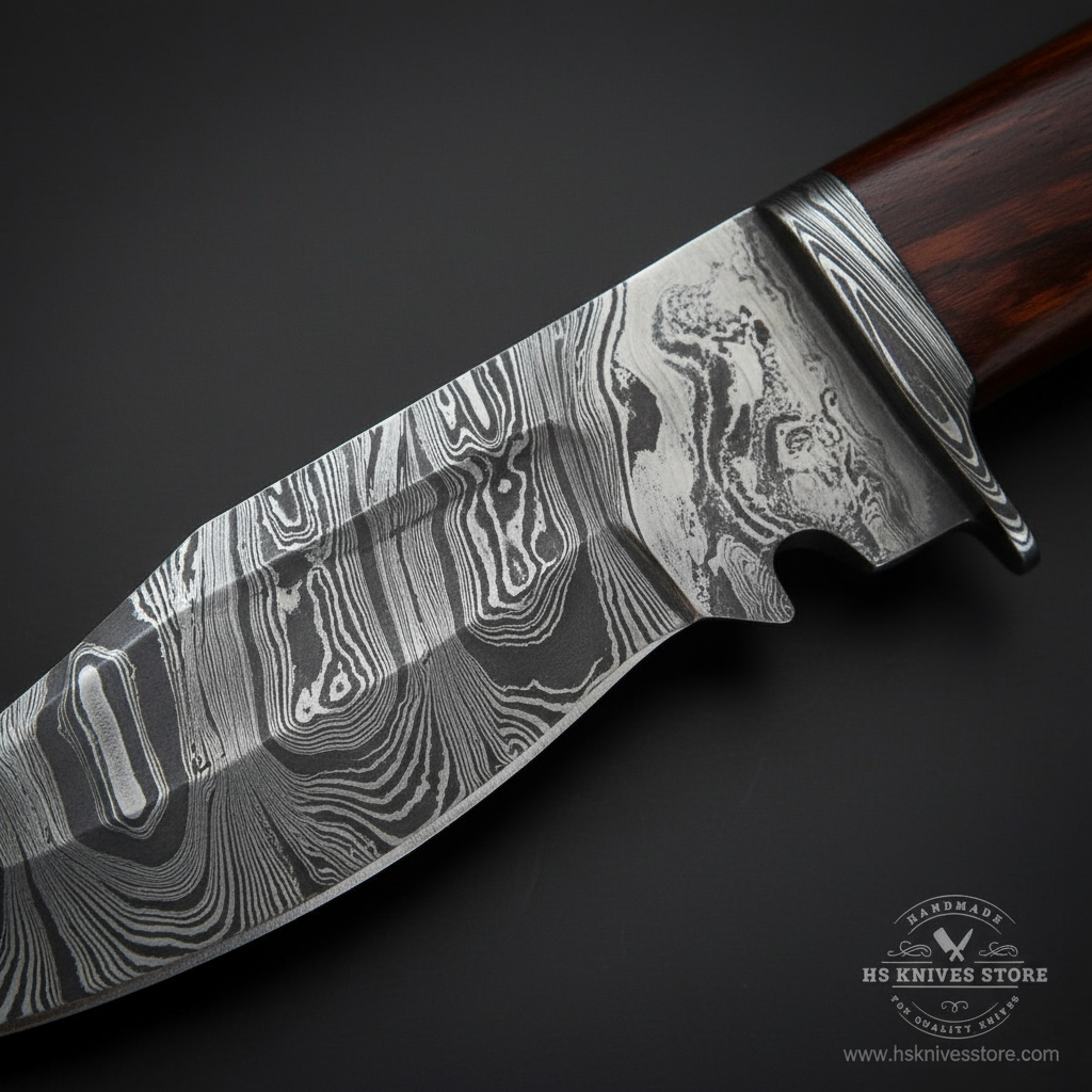 Close-up macro of hand forged Damascus steel Bowie blade and Damascus bolster showing matching swirling pattern detail