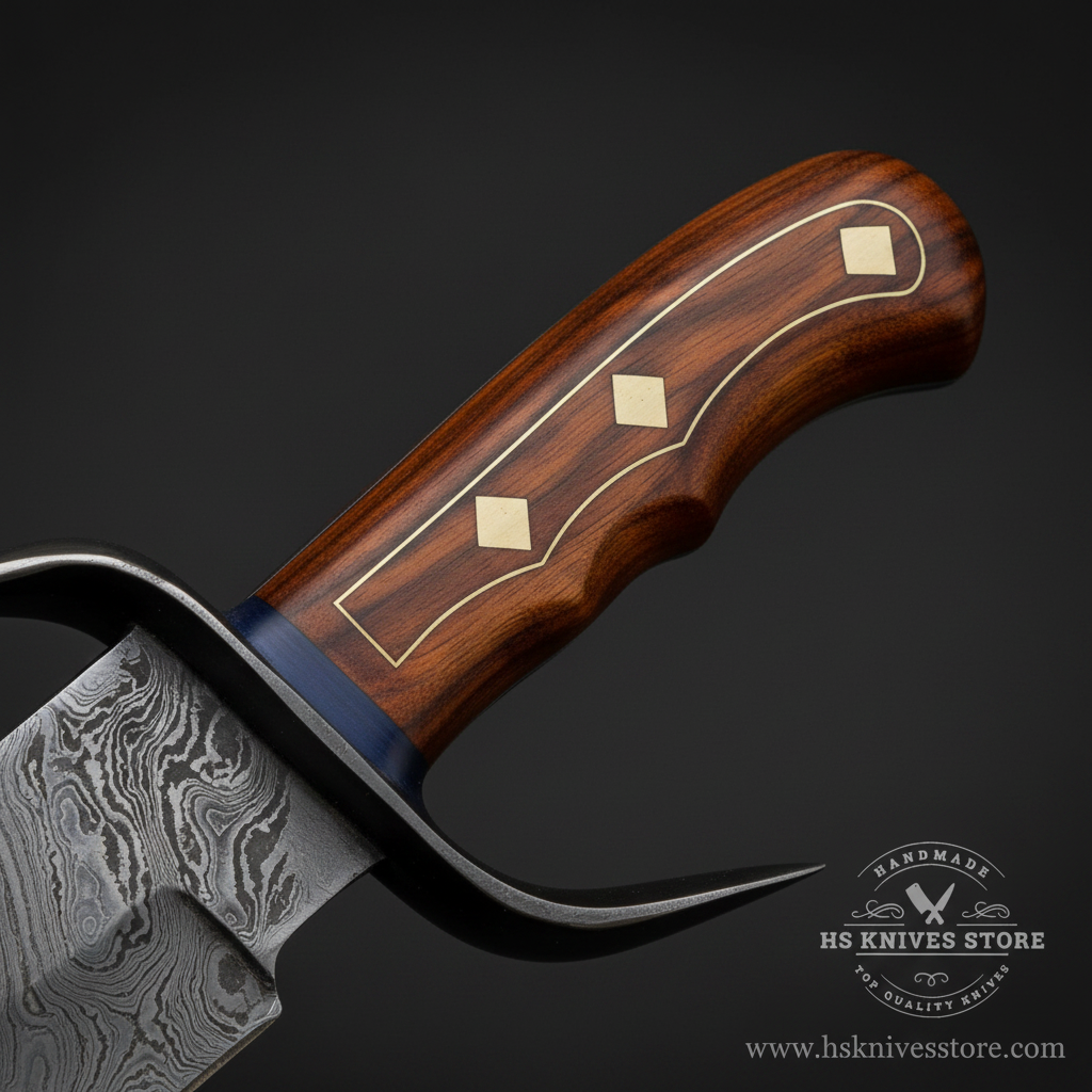 Close-up macro of dark rosewood handle with two diamond brass gold inlay rivets and dark steel curved crossguard with upswept quillon