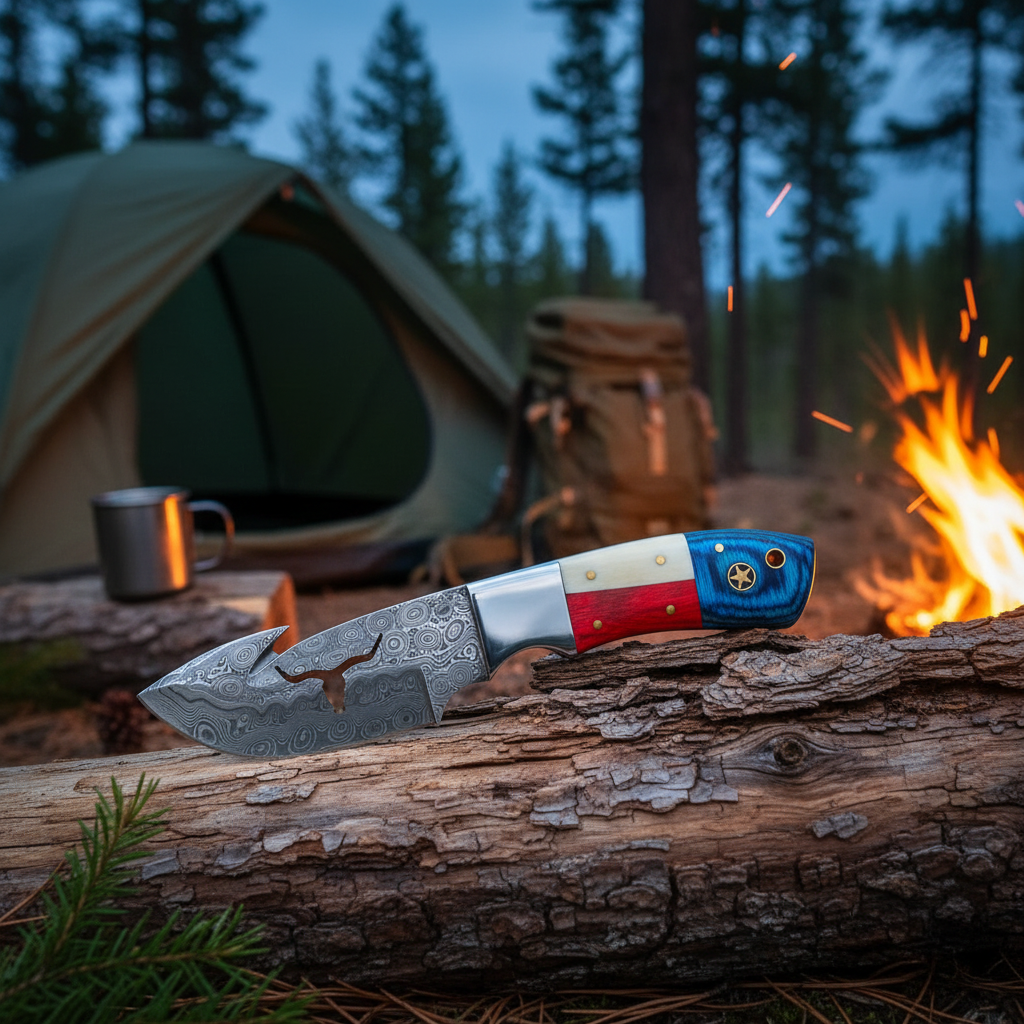 Damascus skinner knife resting on log beside glowing campfire with camping gear in background