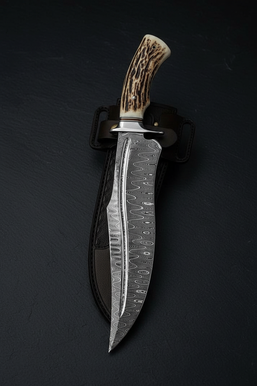 Handmade Damascus Bowie knife vertical display on dark slate luxury collector photography