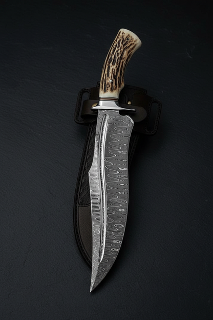 Handmade Damascus Bowie knife vertical display on dark slate luxury collector photography