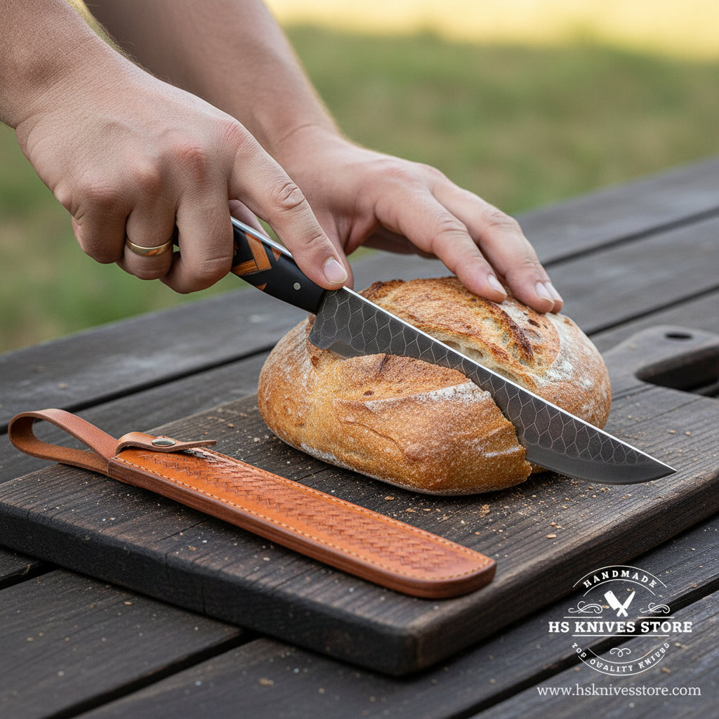 Damascus brisket slicing knife cutting rustic bread on a dark outdoor cutting board