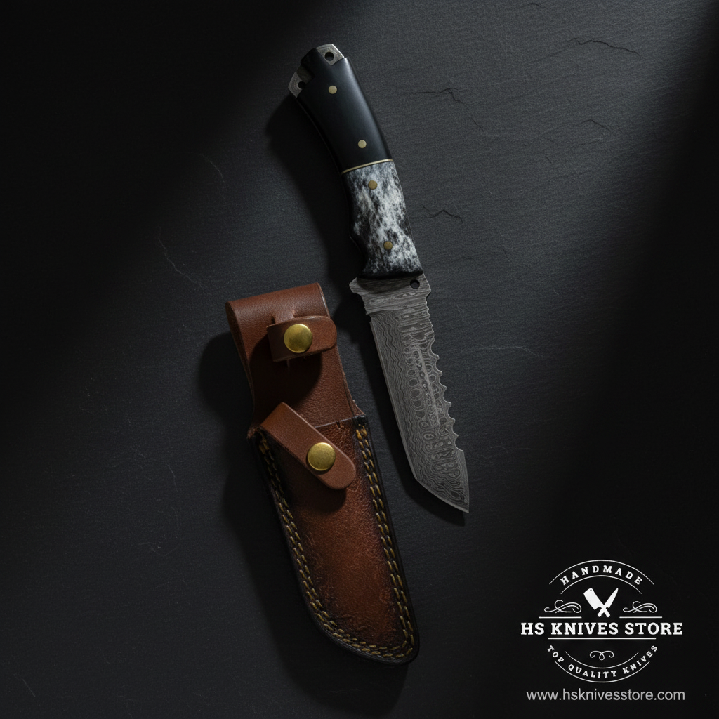 Damascus tanto skinner knife with micarta bone handle and brown leather sheath displayed vertically on dark slate luxury studio background