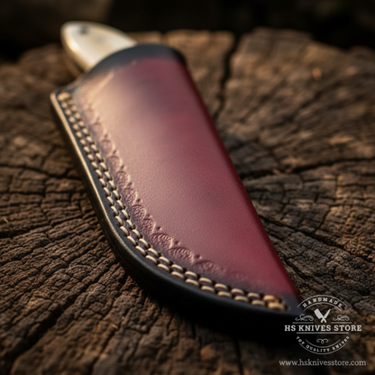 Close-up macro of dark burgundy leather sheath with white chain-stitch stitching for Damascus skinner knife