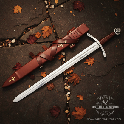 Faithkeeper Knights Templar Accolade sword flat lay on dark rustic stone surface with autumn leaves and pebbles