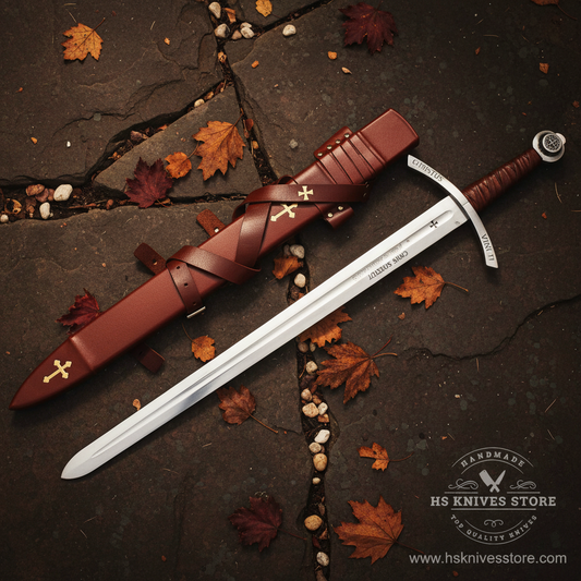 Faithkeeper Knights Templar Accolade sword flat lay on dark rustic stone surface with autumn leaves and pebbles