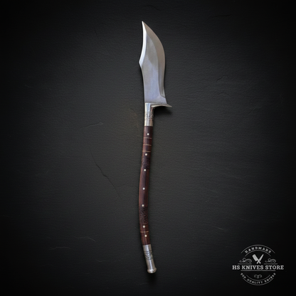 Vertical display of a single fantasy spear with broad steel head and curved rosewood shaft on dark charcoal
