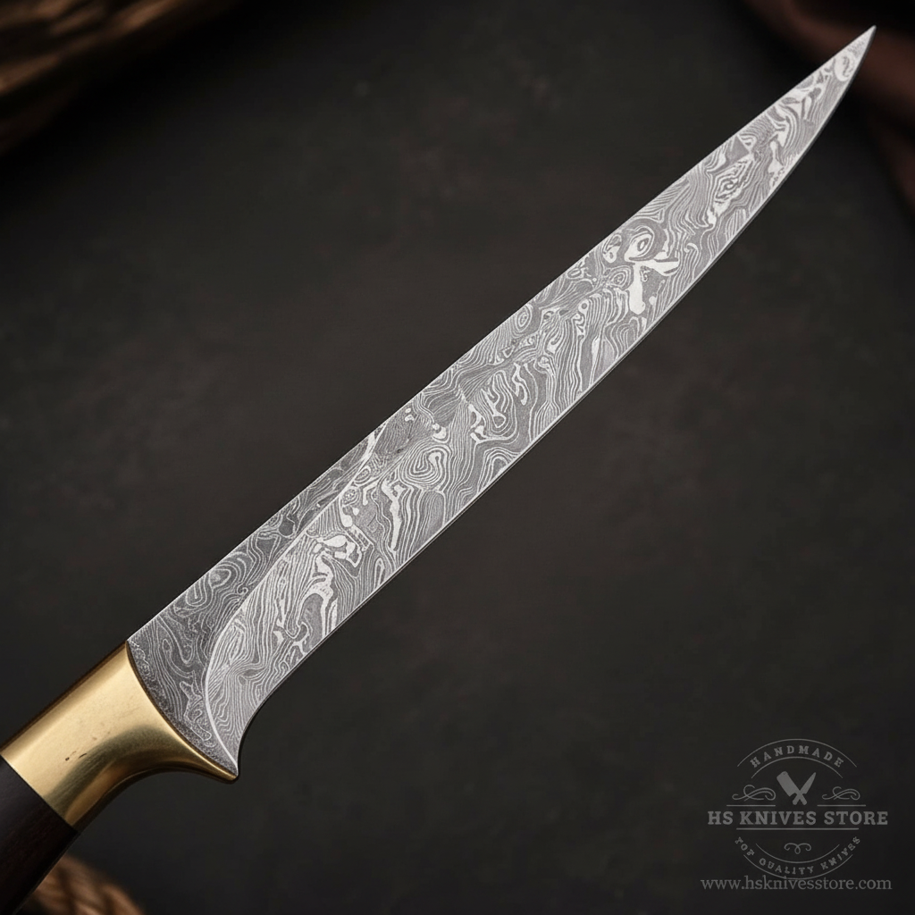 Close-up macro of Damascus steel fillet knife blade showing swirling wave layered Damascus pattern along narrow tapered blade