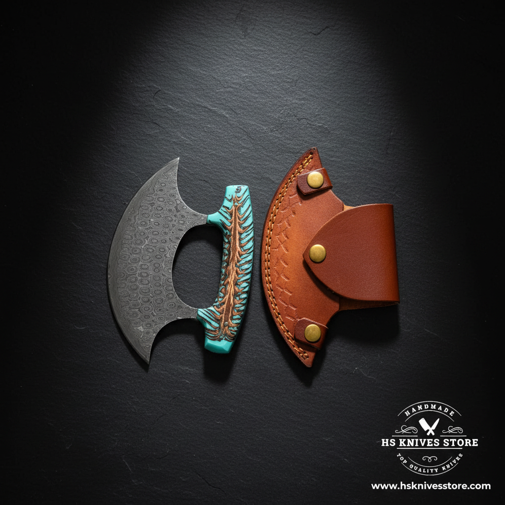 Raindrop Damascus steel ulu knife displayed vertically on dark slate with pine cone teal resin handle and tan crescent leather sheath luxury shot