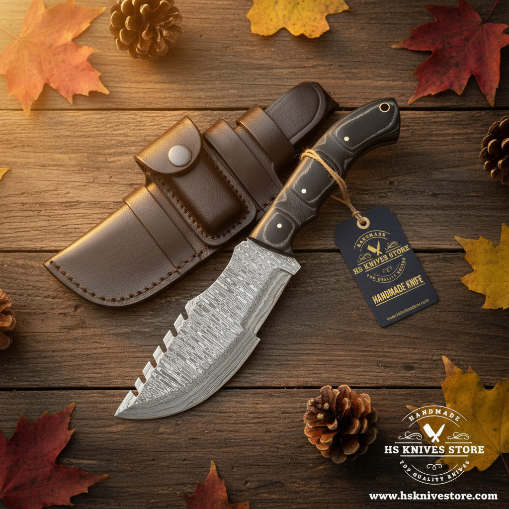 Damascus tracker knife flat lay with black Micarta handle and HS Knives Store hang tag on rustic wood