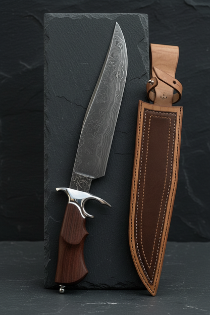 Handmade Damascus Bowie knife with rosewood handle vertical display on dark slate stone long blade pointing up luxury collector photography