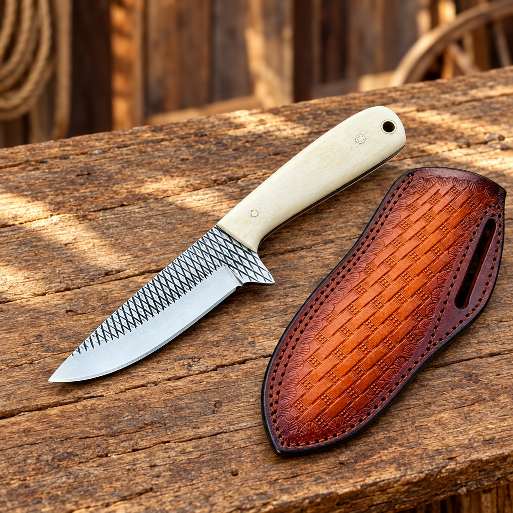 Left-side ranch view of the 3.6-inch textured Rasp Steel Cowboy Bush Knife and brown leather sheath