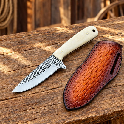 Left-side ranch view of the 3.6-inch textured Rasp Steel Cowboy Bush Knife and brown leather sheath