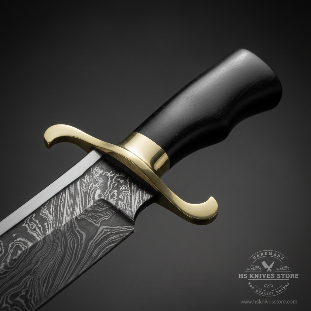Close-up macro of black hardwood handle and brass S-style curved crossguard on Damascus steel Bowie knife
