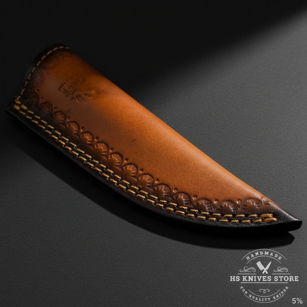 Close-up of two-tone leather knife sheath with tan orange front and dark brown black back panel and embossed scallop pattern macro detail