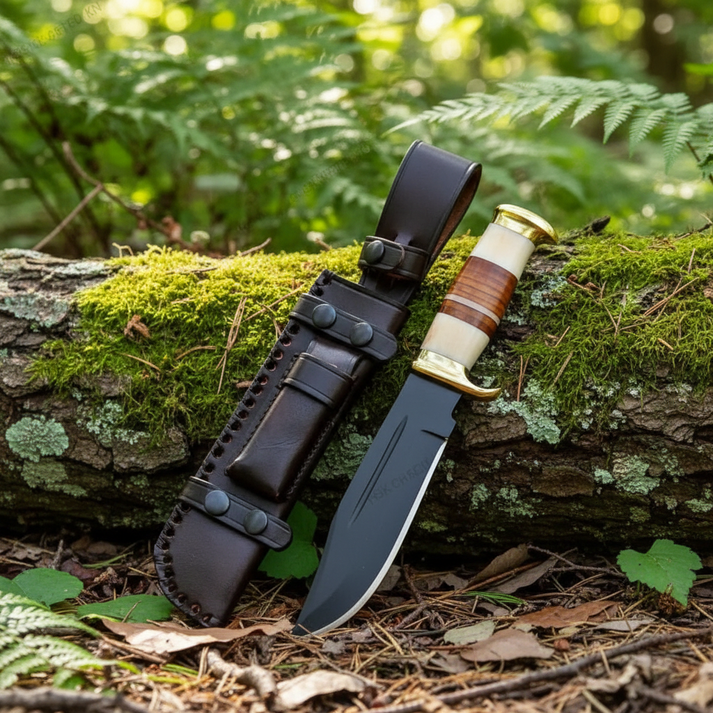 Fixed blade hunting knife stacked leather handle leaning against mossy log forest outdoor setting