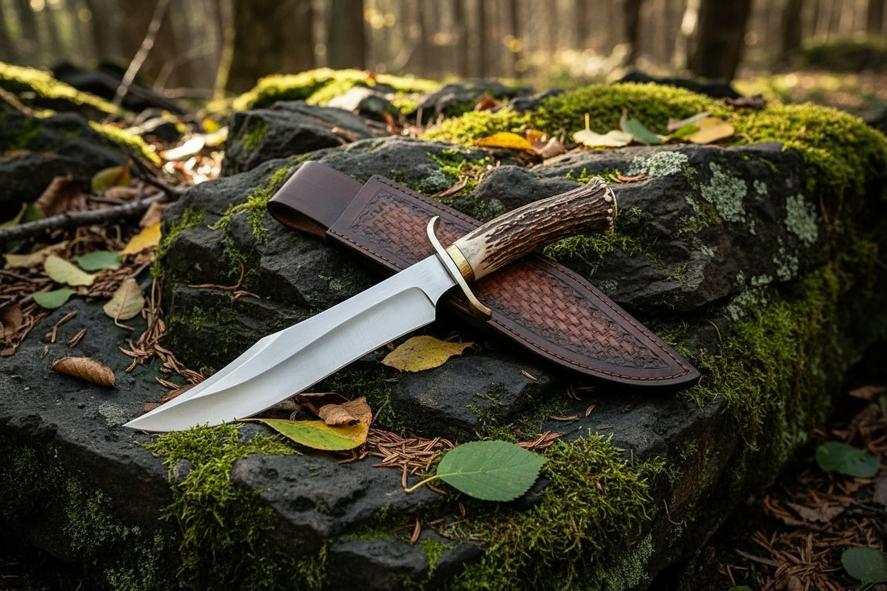 Handmade D2 Bowie knife with antler handle on forest rocks outdoor hunting photography