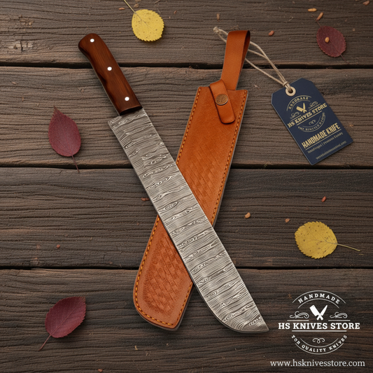 Natural rosewood Damascus slicer with cross-hatch leather sheath and HS Knives Store hang tag on rustic wood