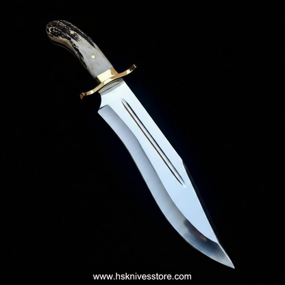 Handmade Bowie knife brass guard stag horn handle on black background studio lighting www.hsknivesstore.com