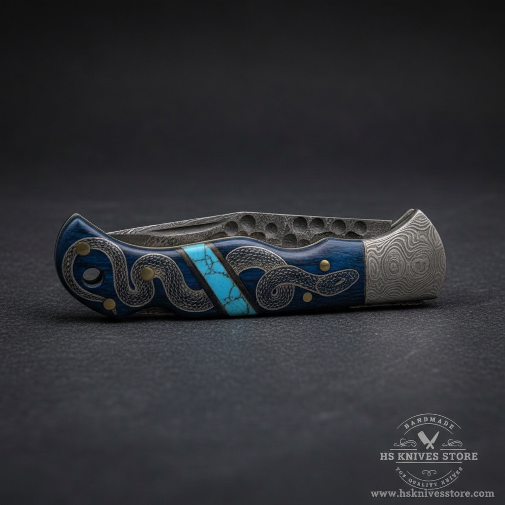 Damascus steel folding pocket knife closed blue wood snake engraved handle turquoise inlay Damascus bolster dark charcoal studio