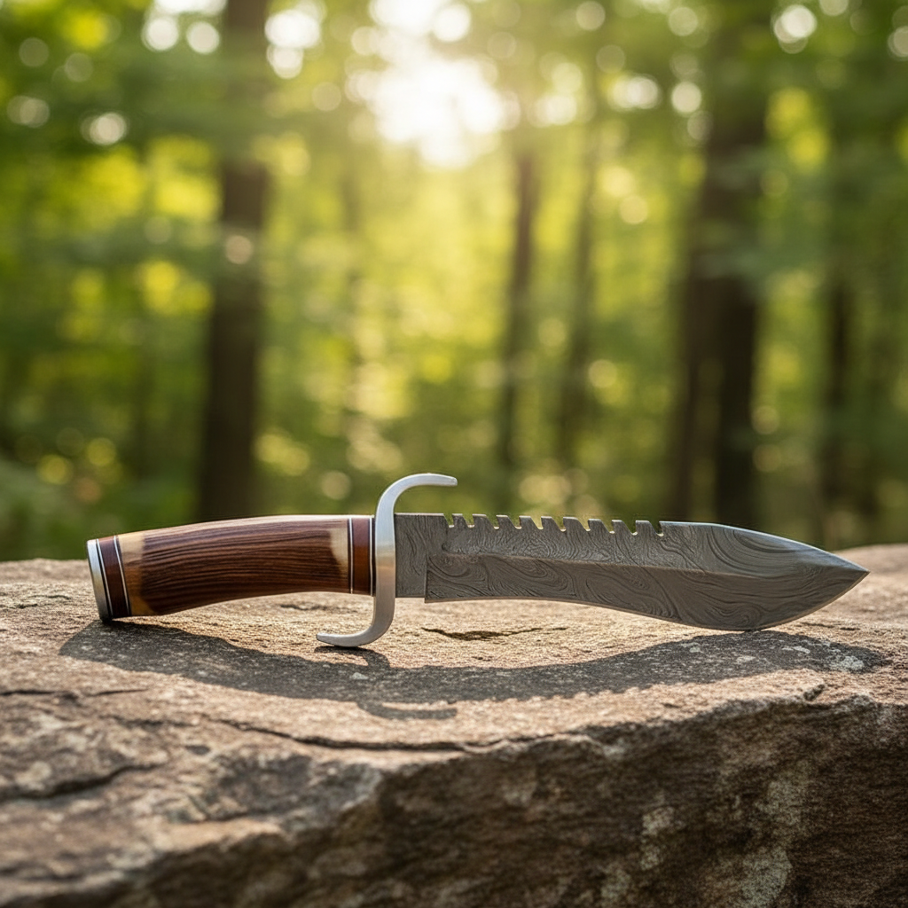 Handmade Damascus Bowie knife antler wood handle on natural rocks outdoors