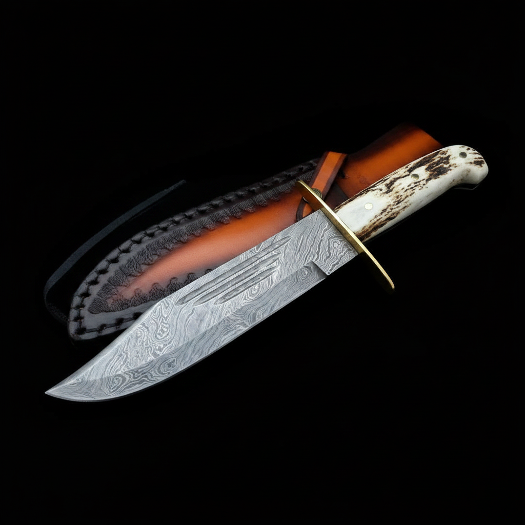 Damascus Bowie knife stag antler handle mirror view black background studio shot