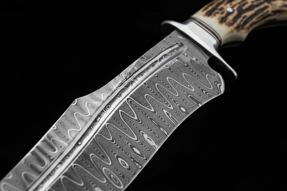 Close up macro shot of Damascus steel blade pattern wavy layered steel