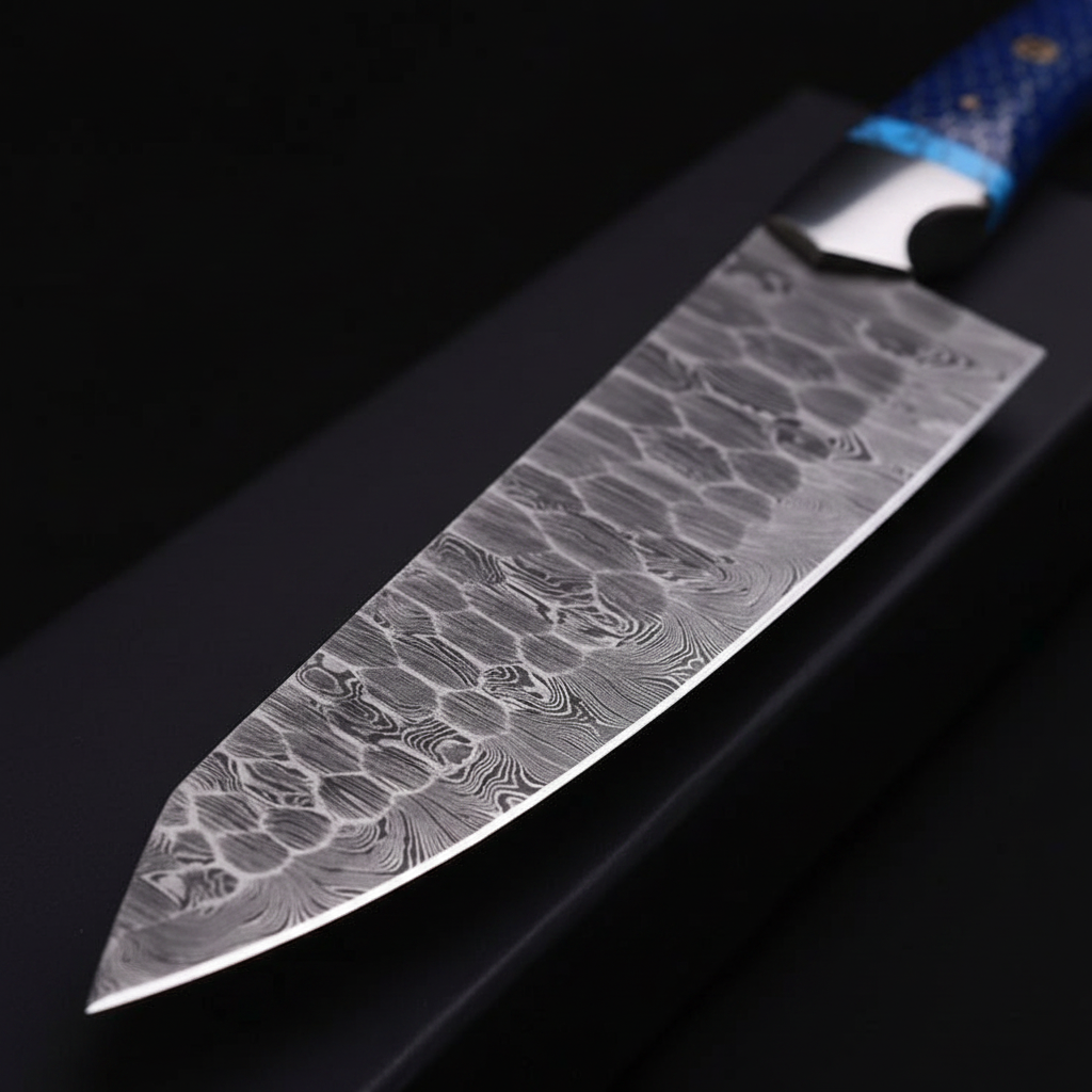 Damascus steel chef knife blade macro showing wave pattern and razor sharp edge detail