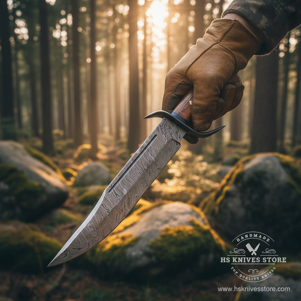 Hunter hand gripping dark rosewood handle Damascus steel Bowie knife in action pose outdoor forest golden sunlight