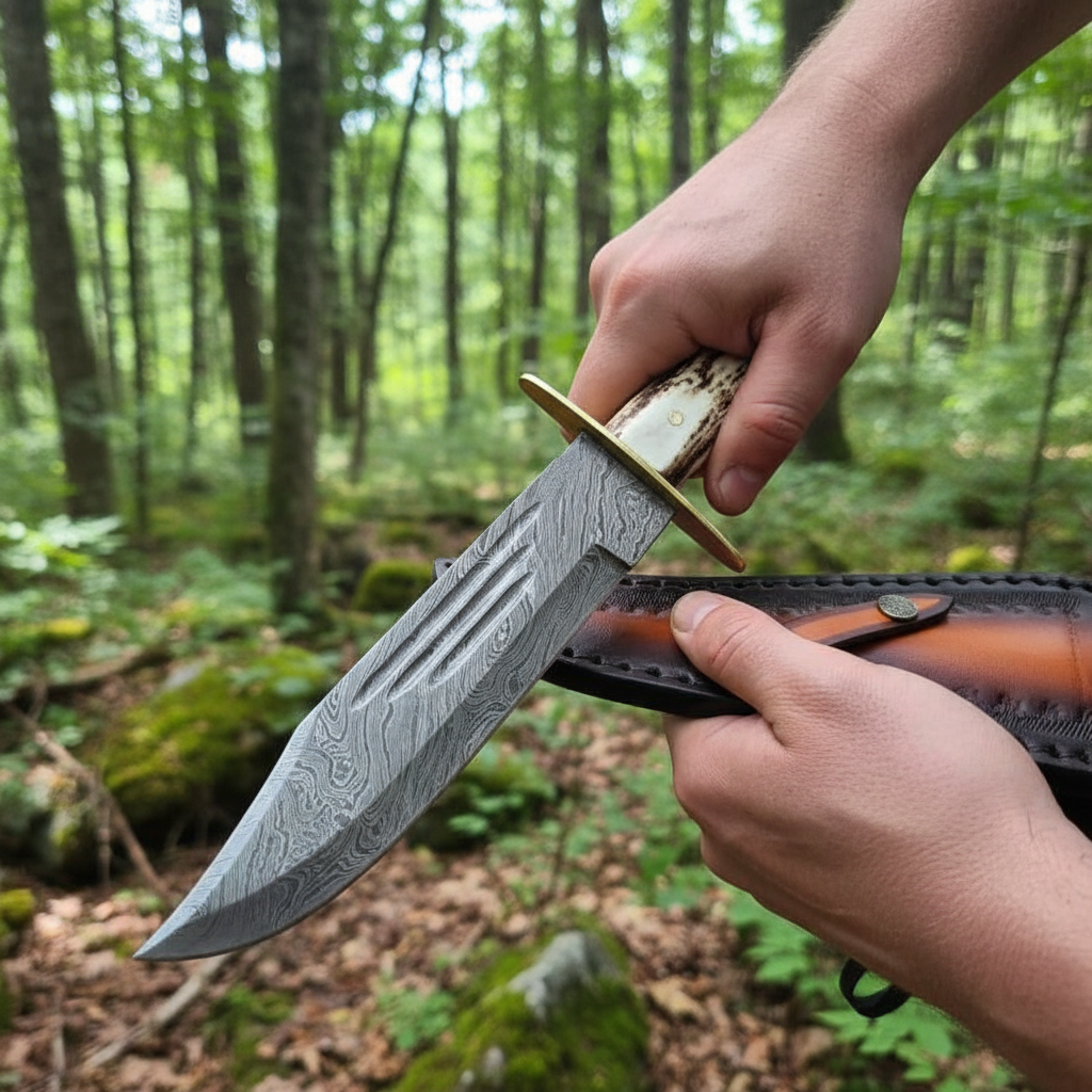 Hands gripping handmade Damascus Bowie knife stag antler handle outdoors field use action shot