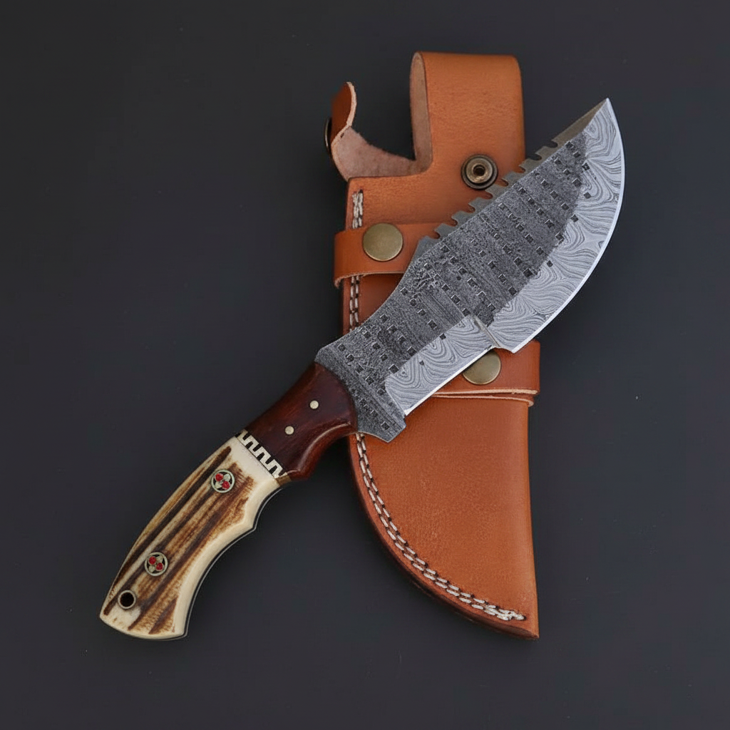 Damascus tracker knife with stag antler handle and tan leather sheath, mirror studio shot left facing