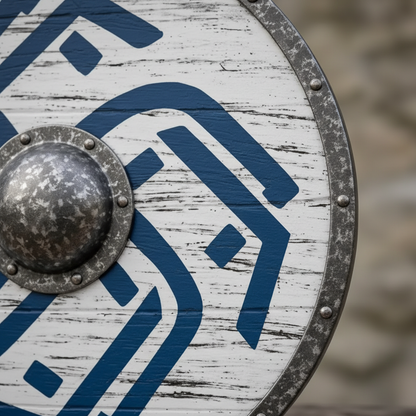 Viking shield detail showing textured metal outer rim, decorative rivets, blue design, and center boss