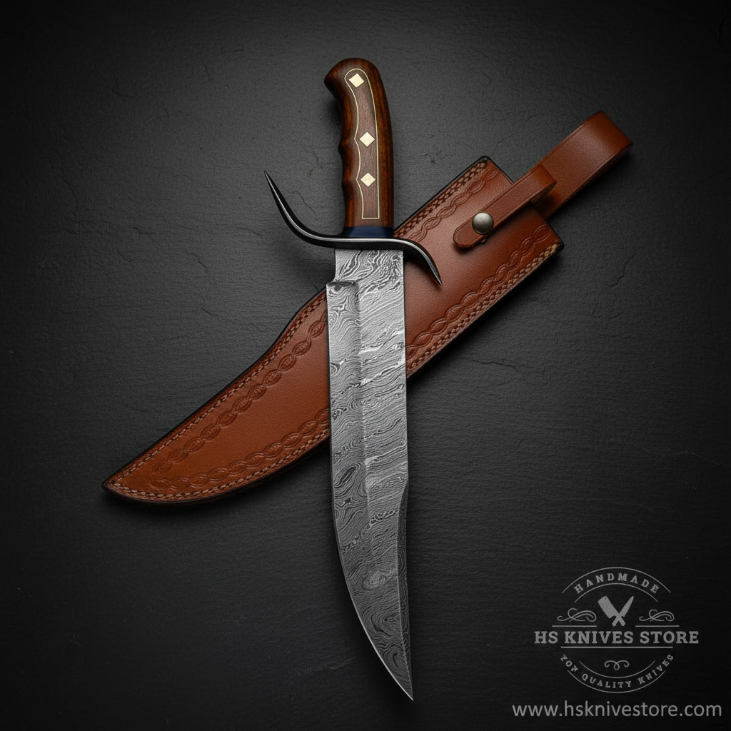 Vertical luxury shot of Damascus steel Bowie knife rosewood handle on dark slate background with tan cognac leather sheath